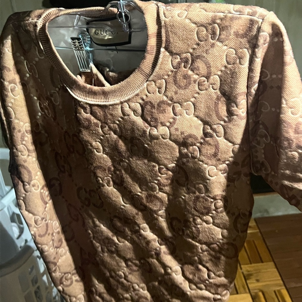 Gucci Tan Embossed Logo Top & bottom shorts set